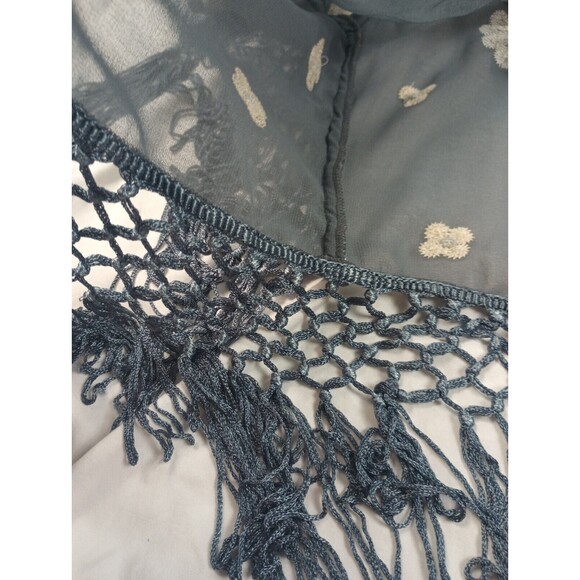 Hagel Sz L Gray Chiffon Open Front Cover Up Top Floral Kimono Tasseled - Picture 8 of 12